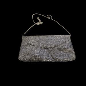 Vintage Silver Glitter Evening Clutch Purse Bag Detachable Chain Strap & Pocket